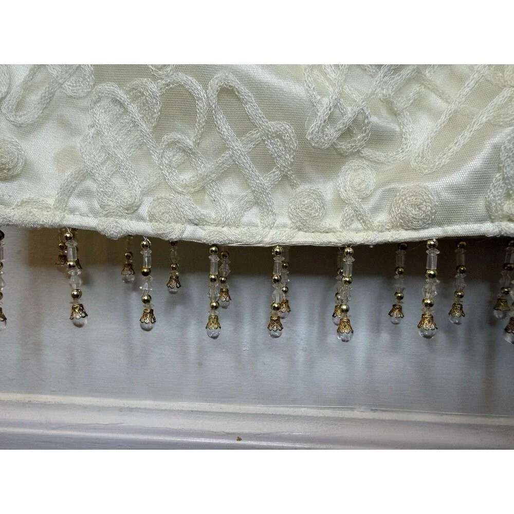 Ivory Cream Embroidered Lace Table Runner 80” x 12” Gold Crystal Bead Fringe
